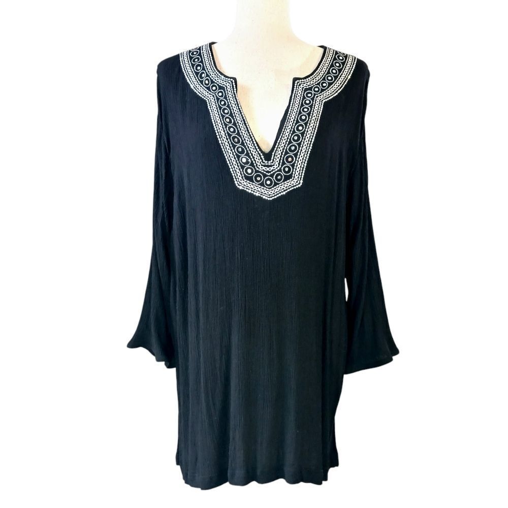 CATHY DANIELS Summer Tunic 3/4 Sleeve Lightweight V Neck Sequins Black S…